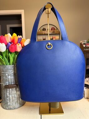 Celine Royal Blue Structured Leather Hand Bag with Gold Ring